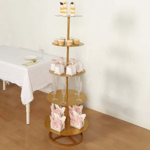 5 Tier Gold Metal Champagne Tower Stand 4.5ft Tall, Round Cupcake Holder Dessert Display Floor Stand - Sturdy Event Centerpiece